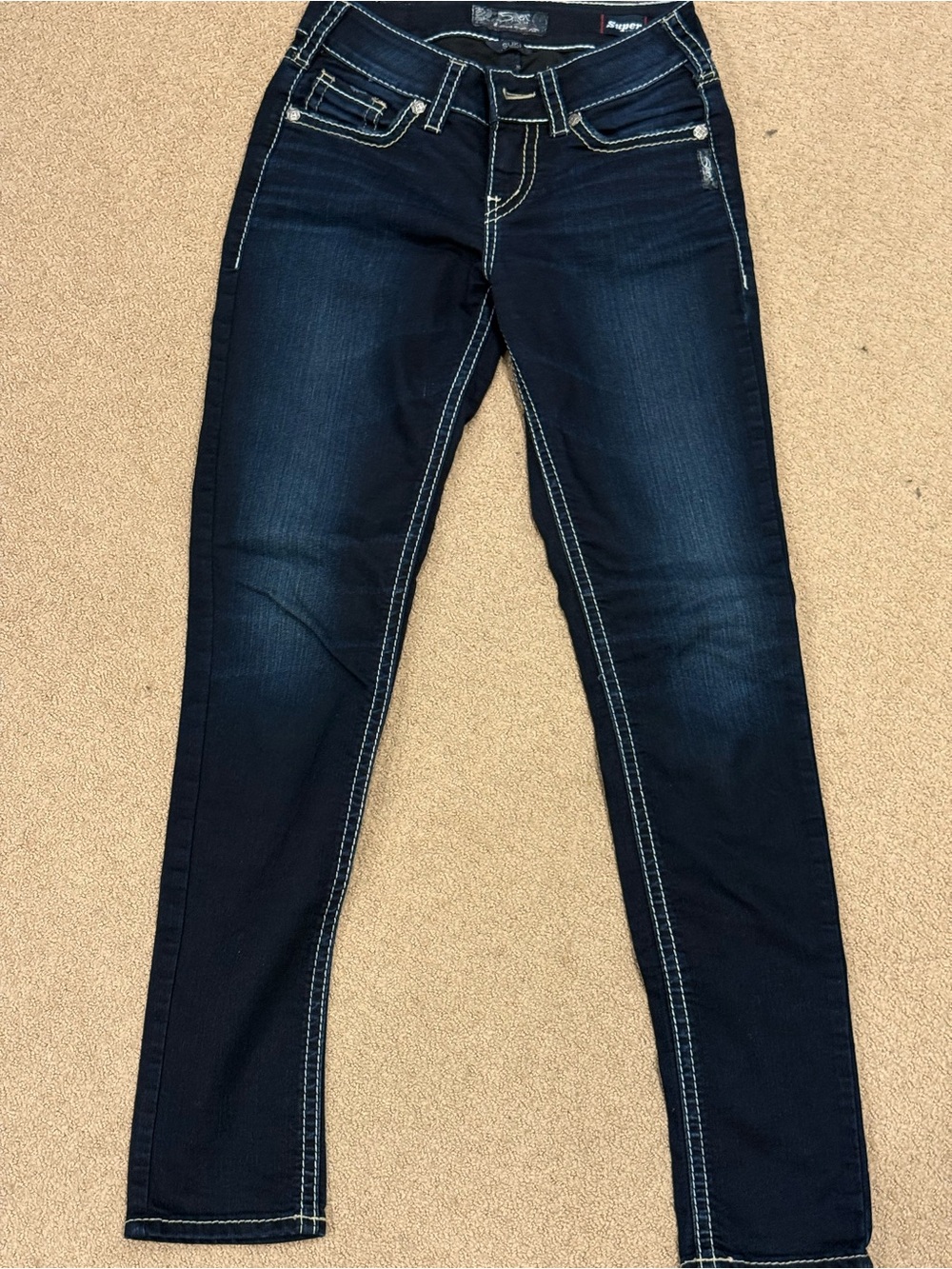 Silver Jeans Dark Indigo Skinny Jeans with White Contrast Stitching